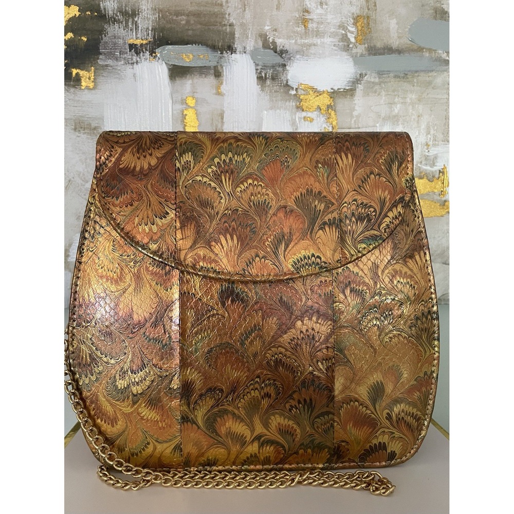 VTG J Renee Gold Metallic Marbled Peacock Print Snakeskin Shoulder Bag/Purse.